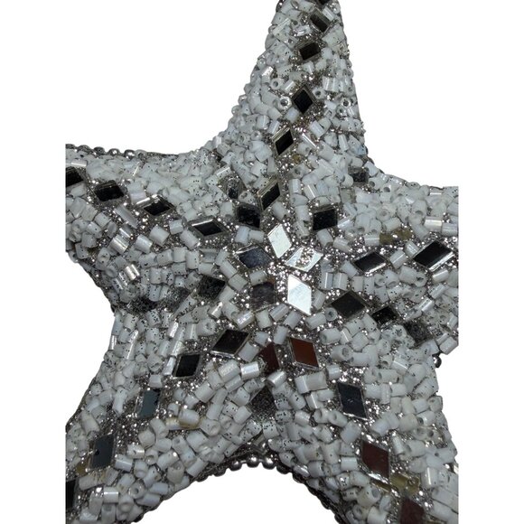 Beaded Star Ornament With Black Ribbon Hanging Loop - White & Silver Decorative - Picture 3 of 4